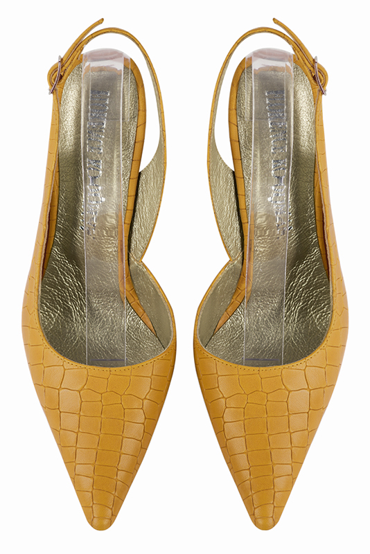Mustard yellow women's slingback shoes. Pointed toe. Very high slim heel. Top view - Florence KOOIJMAN